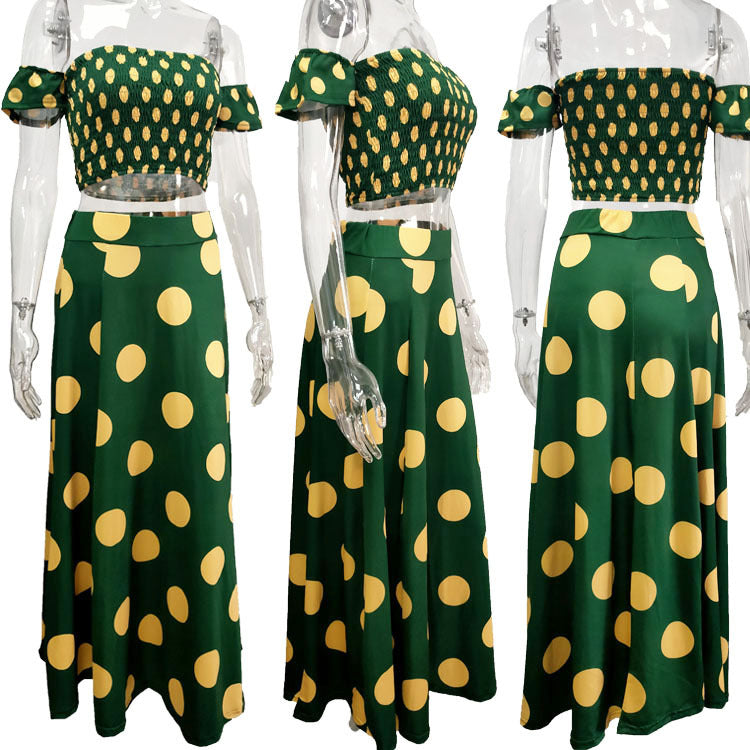 Women Summer French Bohemian Print Strapless Top and Skirt Two-Piece Set 26