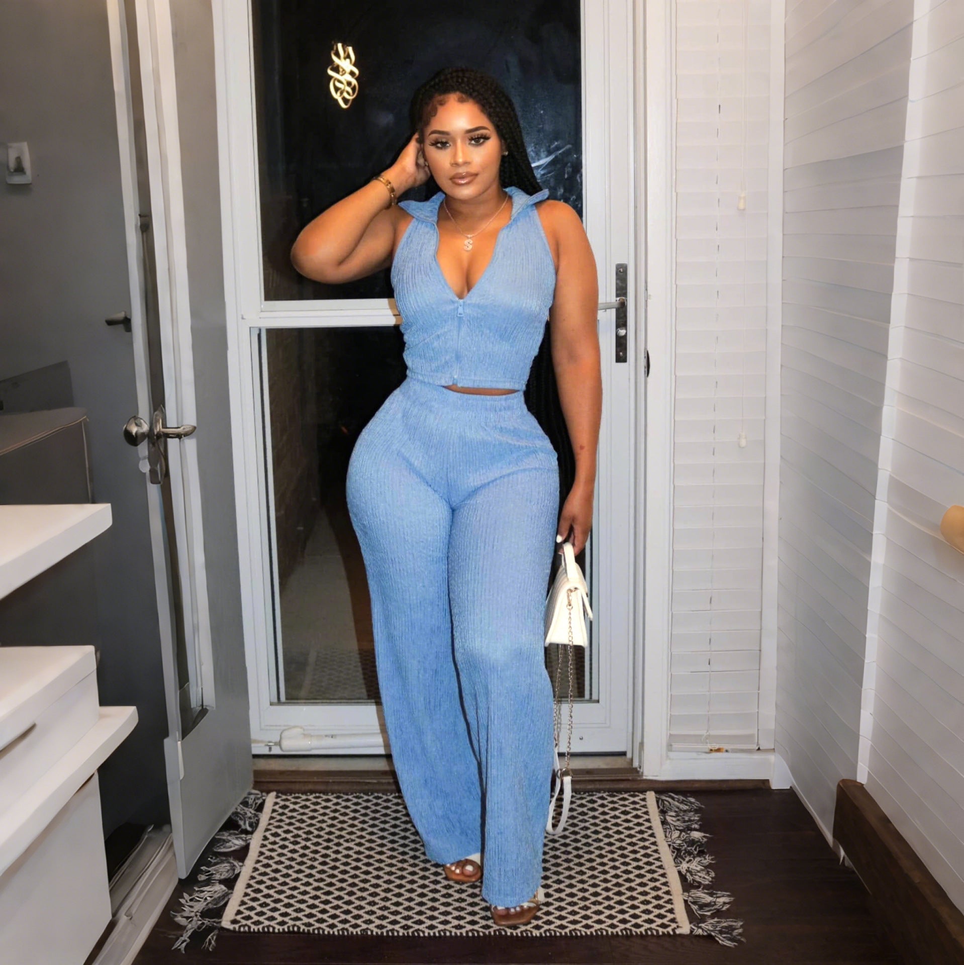 Sexy V-Neck Sleeveless Top Wide-Leg Pants Summer Two Piece Set 5