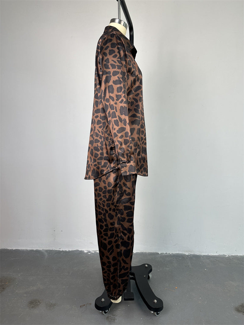 Women Casual leopard print shirt and Pants two-piece set 7