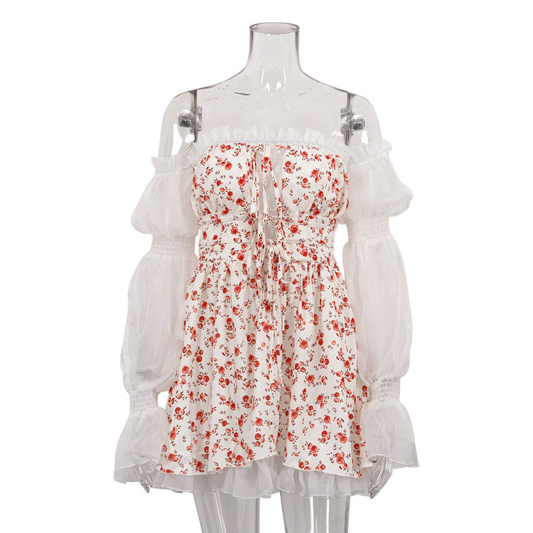 Mesh Patchwork Print Long Sleeve Off Shoulder Lace Sexy A-Line Dress 7