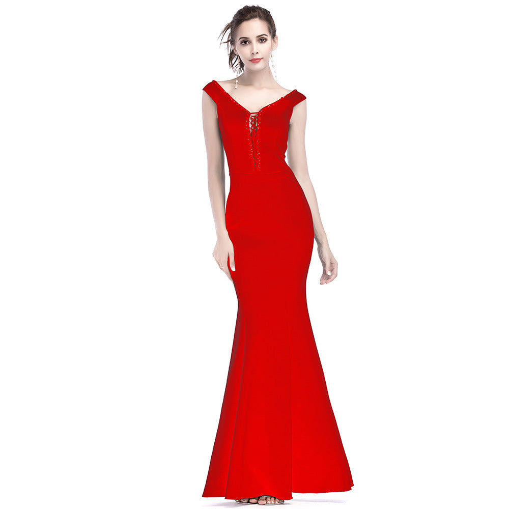 Women Elegant V Neck Slim Formal Party Maxi Mermaid Evening Dress 4