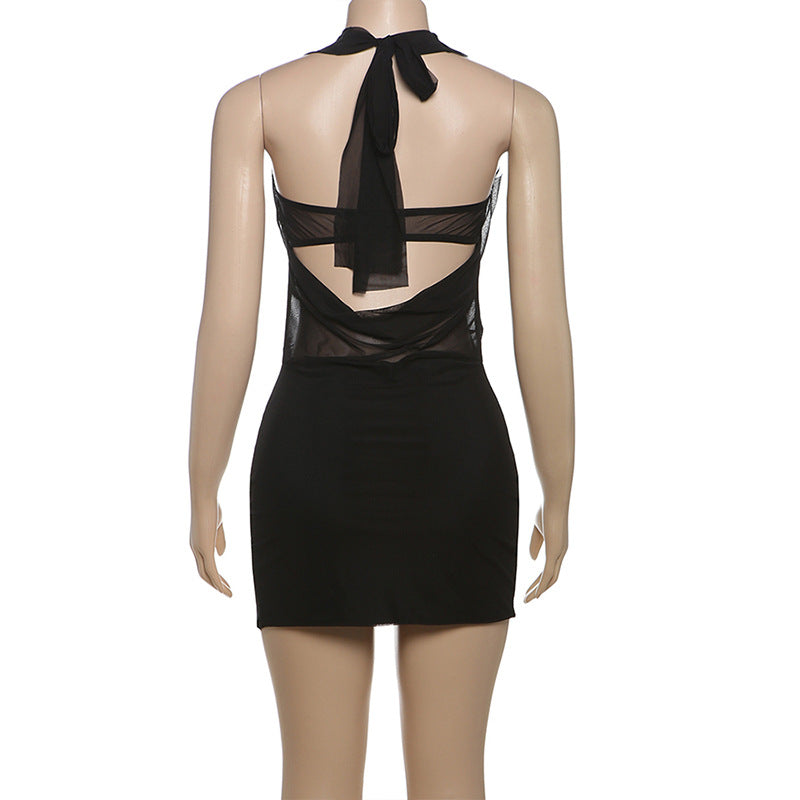 Women Spring Sexy Halter Neck Lace-Up Backless Mesh Bodycon Dress 6