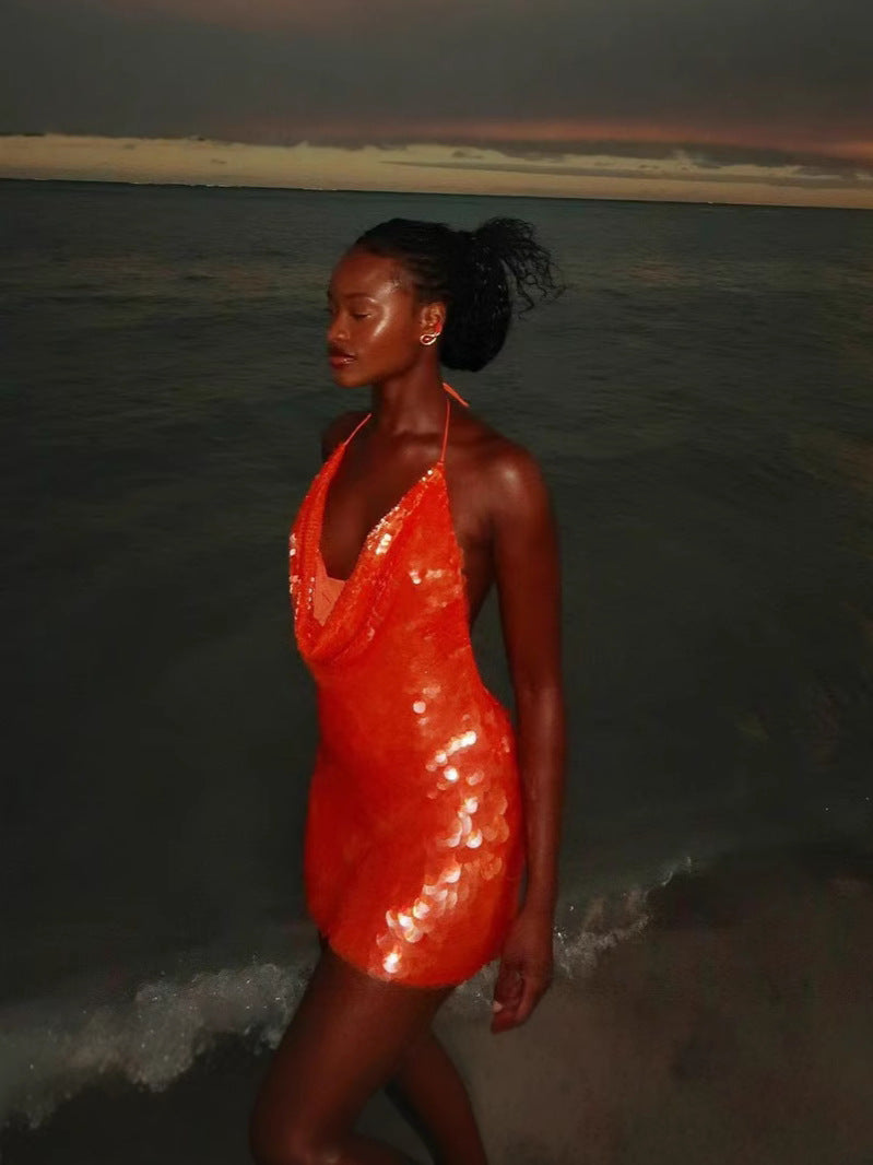 Sexy women'slow-cut hollow Strap Low Back sequined slim dress 4