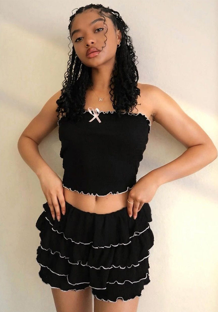 Women's Summer Fashion Sexy Strapless Top Pleated Cake Short Two Piece Set