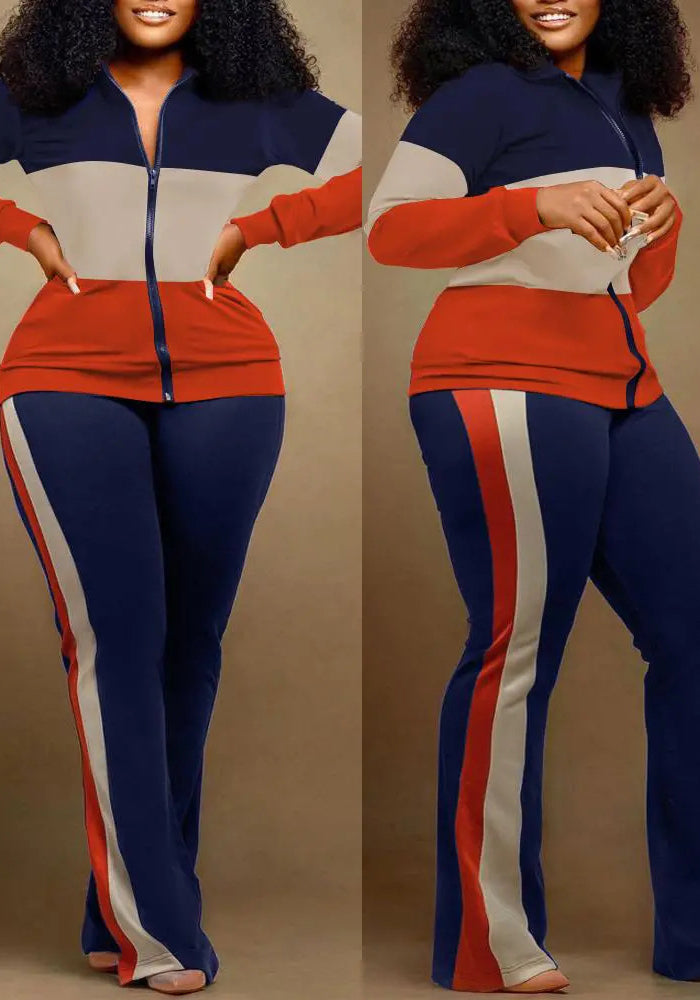 Women long-sleeved color-blocked zipper top and trousers two-piece set