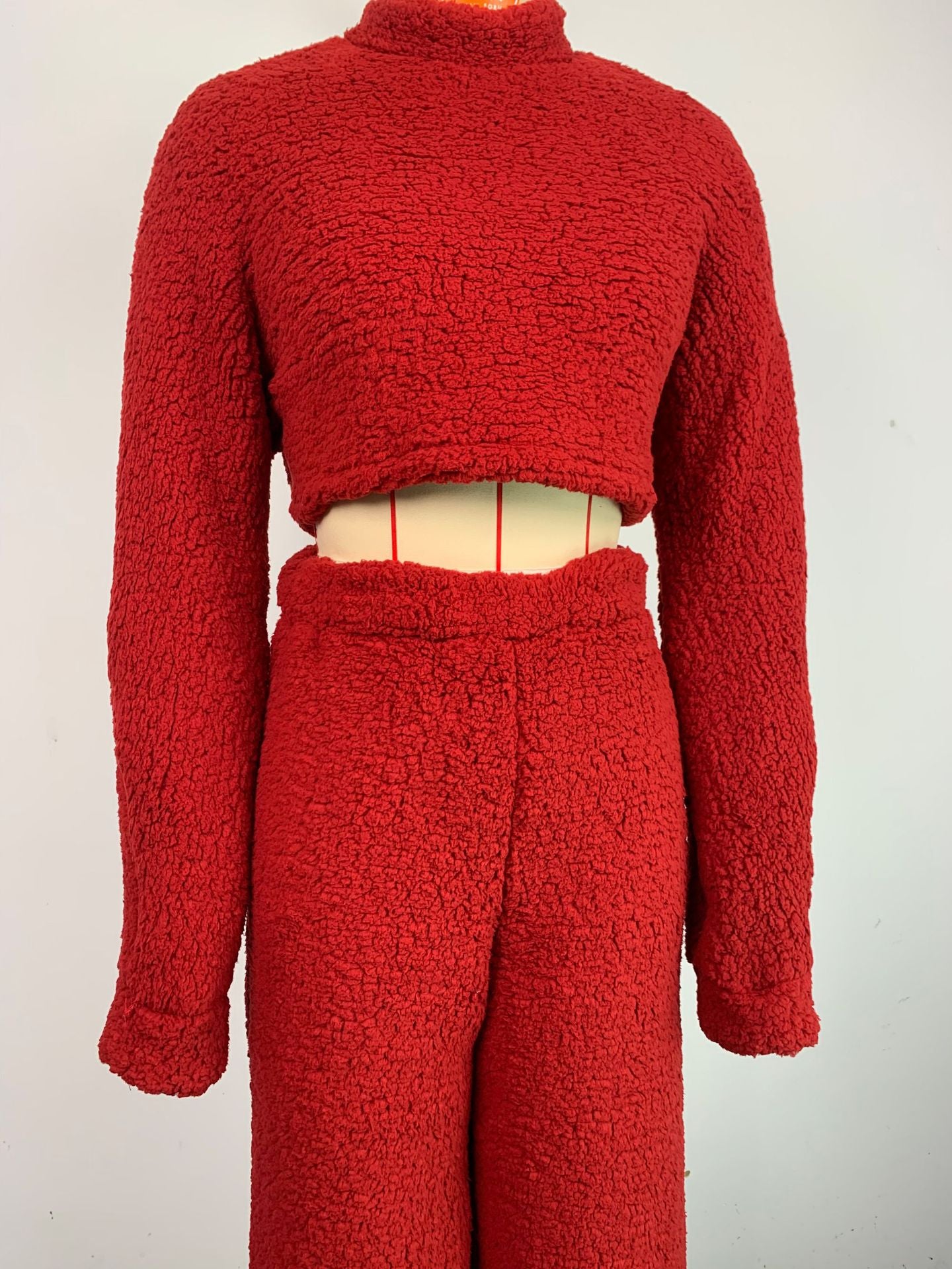 Women Casual Lounge Clothes Loose Sherpa Long Sleeve Top and Pant Two-piece Set 24