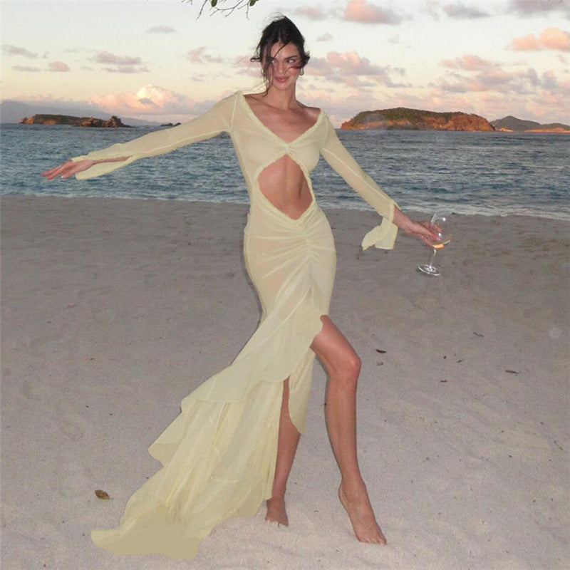 Summer Women's V-Neck Sheer Sexy Cutout Slim Log Dress 3