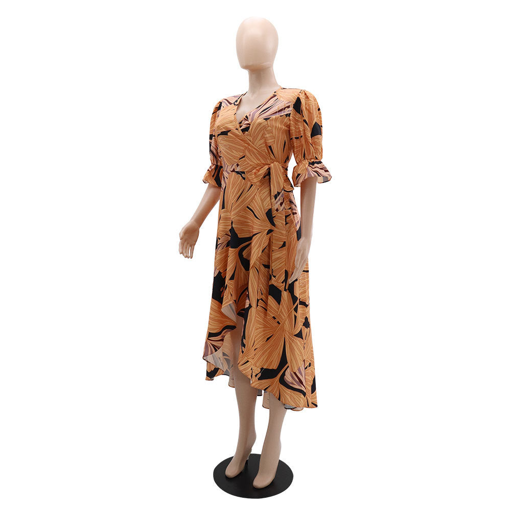 Casual Chic Printed Puff Sleeve V-Neck Lace-Up Dress 10