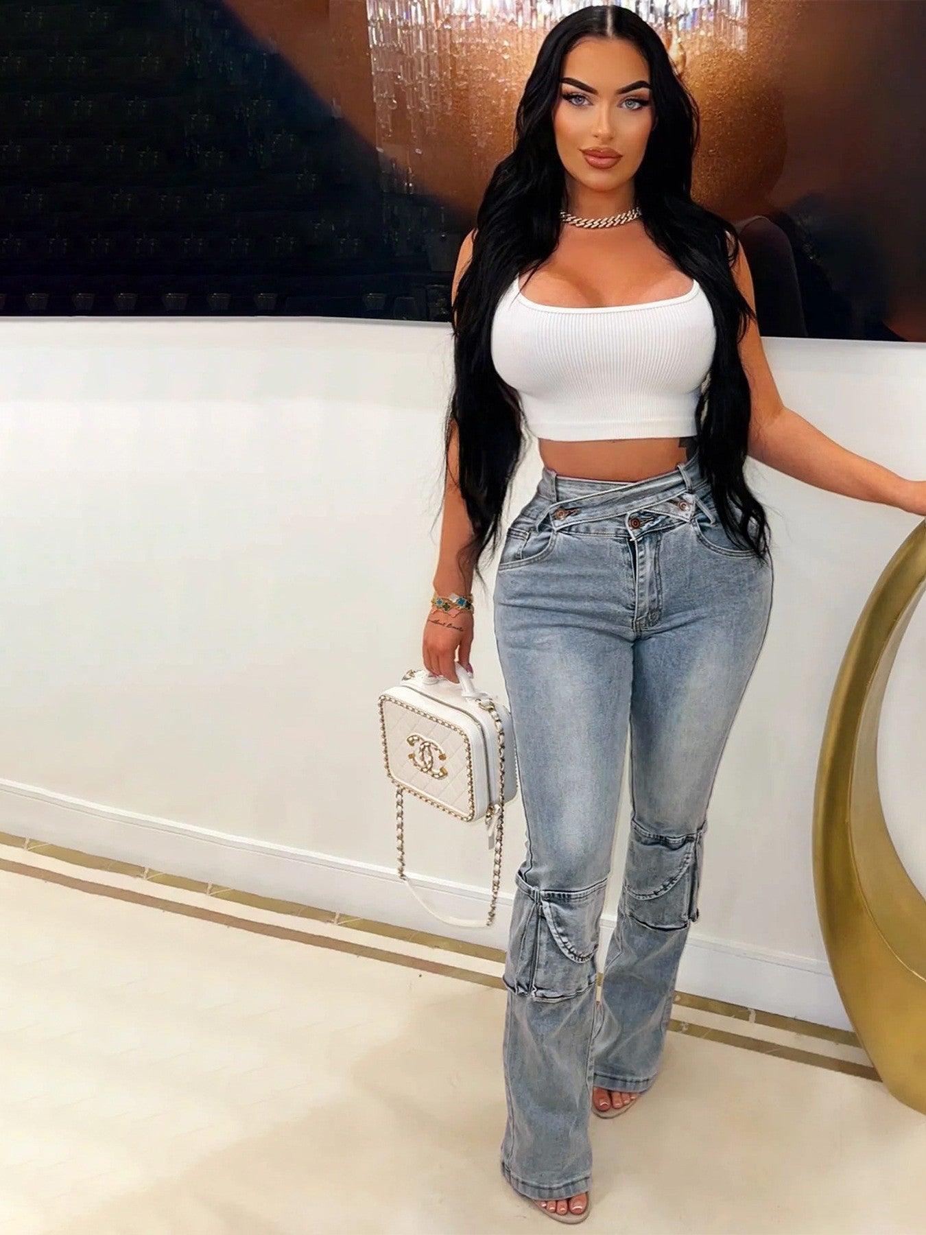 Women Fashion Double Waist Cargo Denim Trousers 8