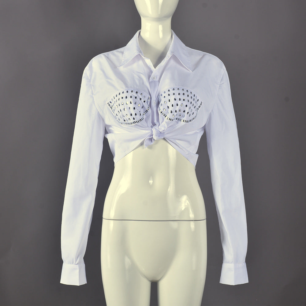 Women Fall Beaded Turndown Collar Long Sleeve Shirt 9