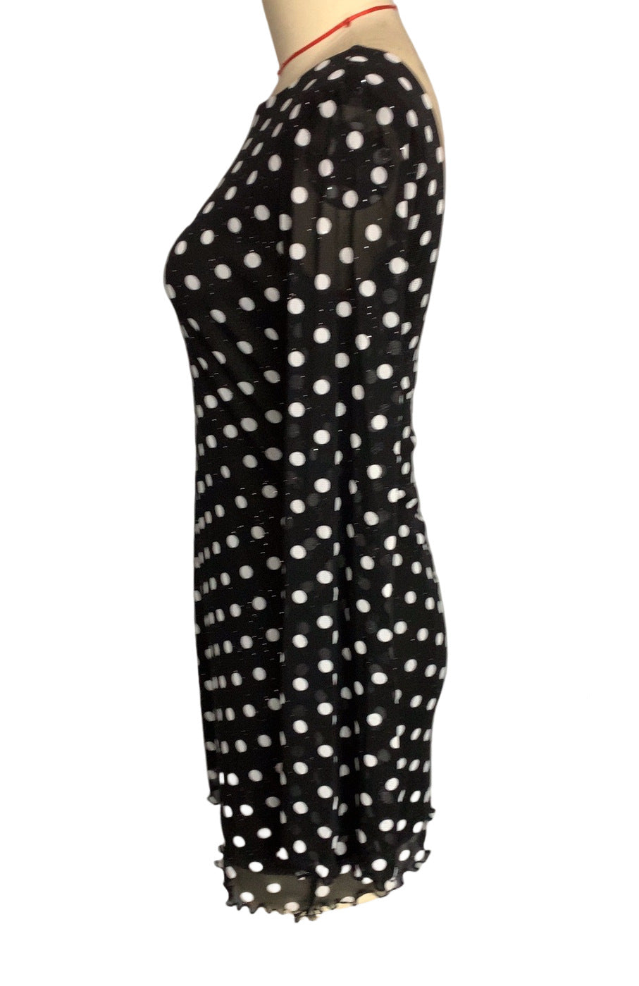 Women's Mesh Polka Dot Print Round Neck Low Back Long Sleeve Dress 8