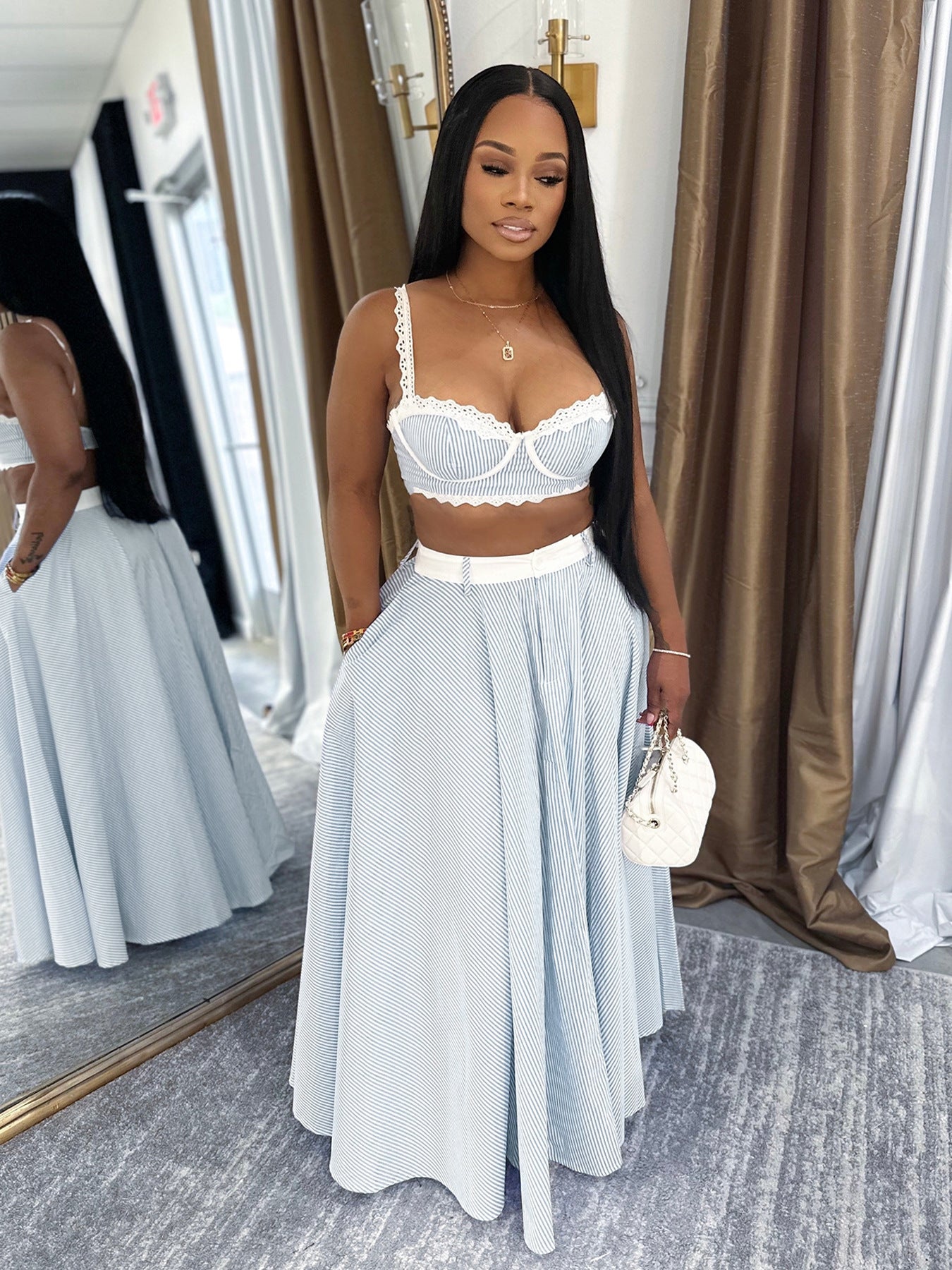 Summer Women's Lace Patchwork Strap Crop Top & High-Waist Skirt Set 5