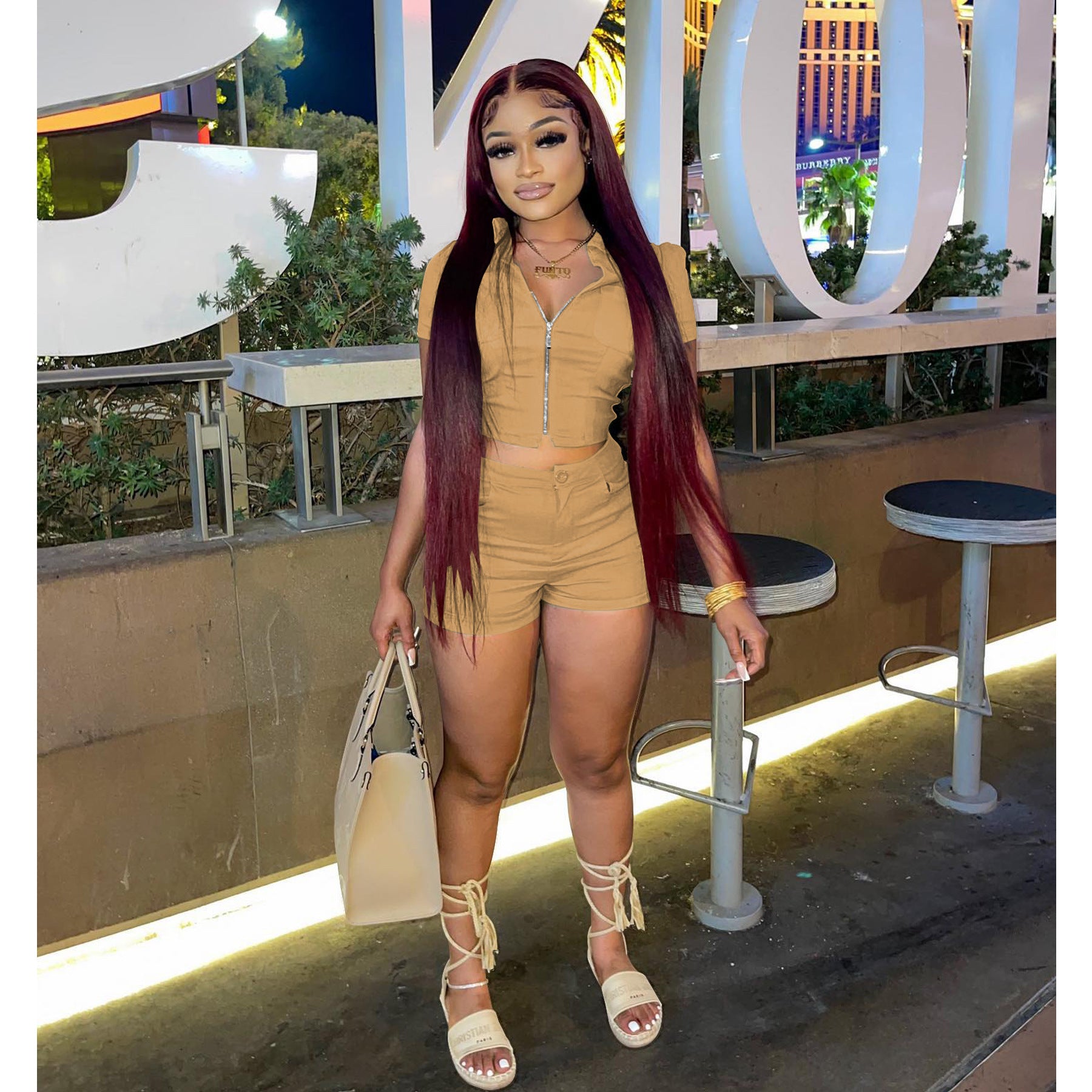 Women's summer casual women's zipper short-sleeved jacket shorts two-piece set of solid color high elastic fabric 15