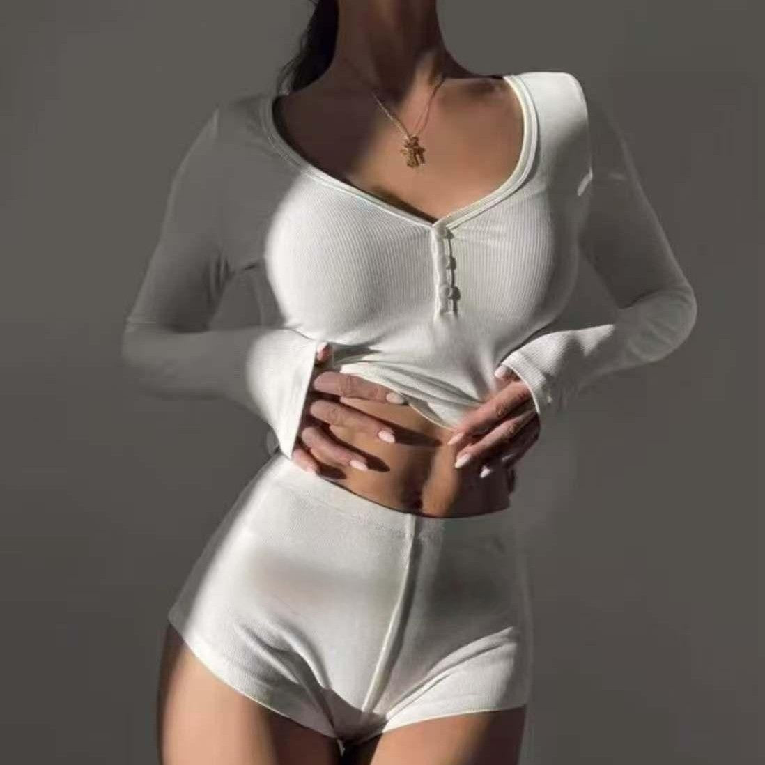 Women long-sleeved button-down round-neck top and shorts (sexy two-piece set)