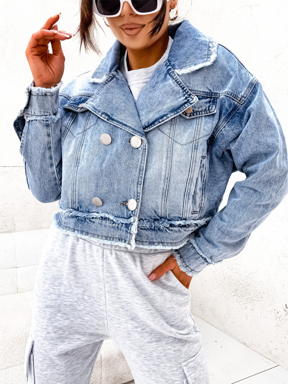 Women Collar Washed Raw Edge Denim Long Sleeve Jacket