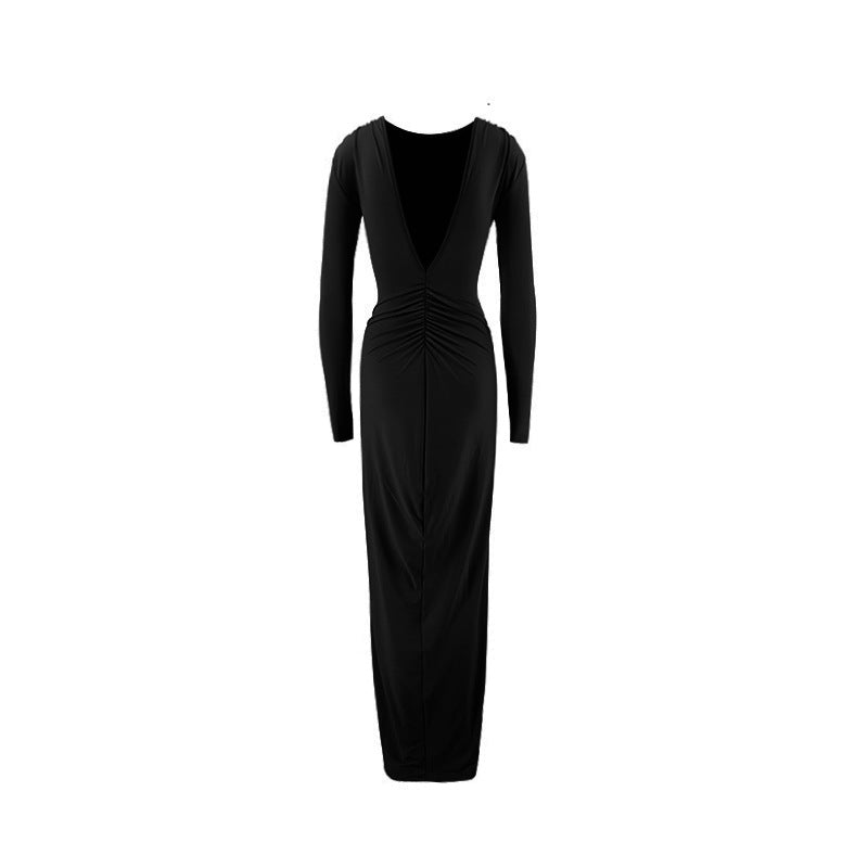 Women Pleated Long Sleeve Backless Bodycon Maxi Evening Dress 26