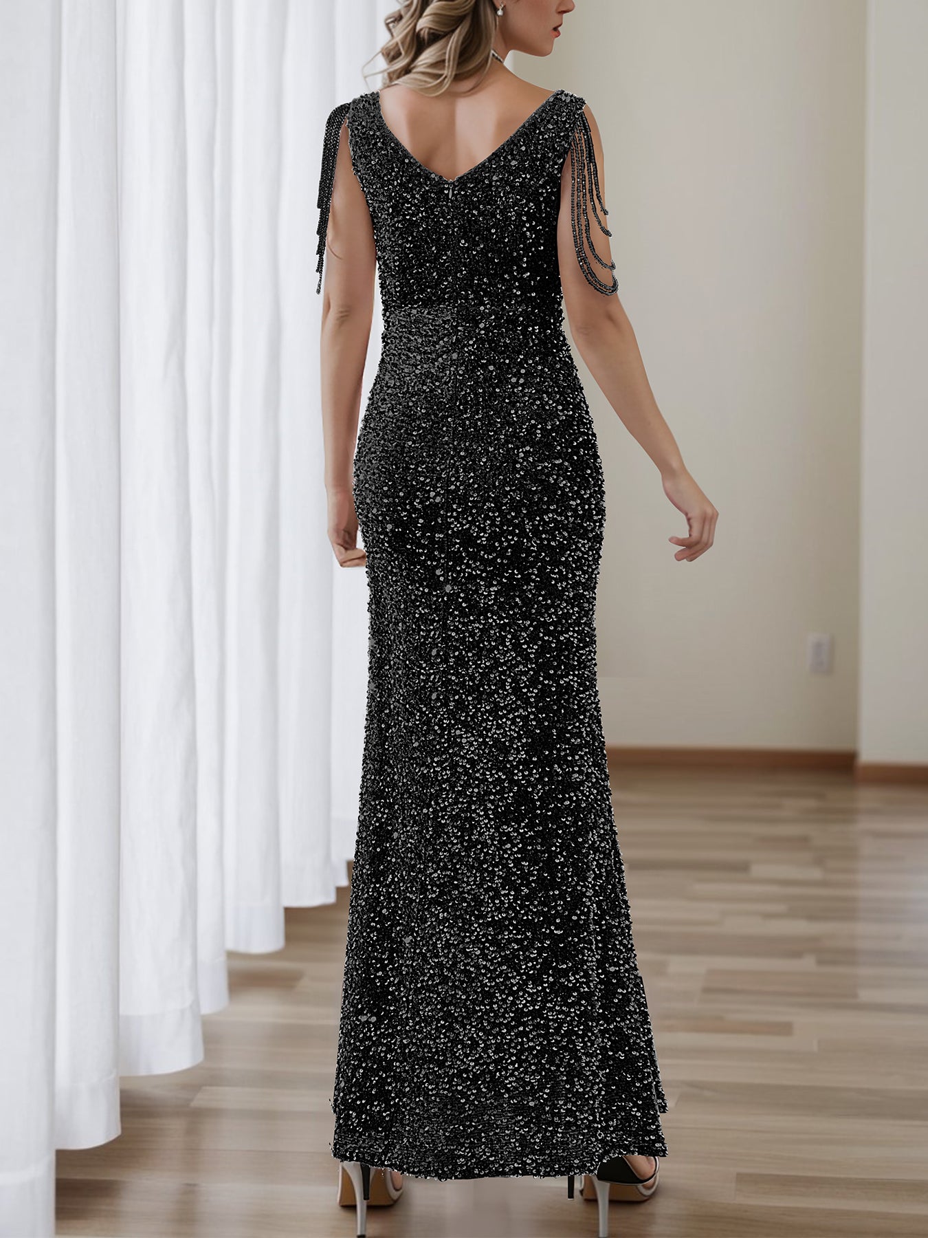 Chic Split Formal Party Long Sequin Evening Dress 22