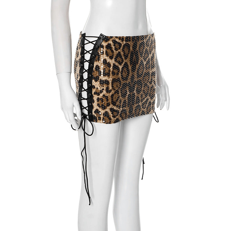 Women's spring and summer leopard print sequin low waist hollow slit Lace-Up skirt 5