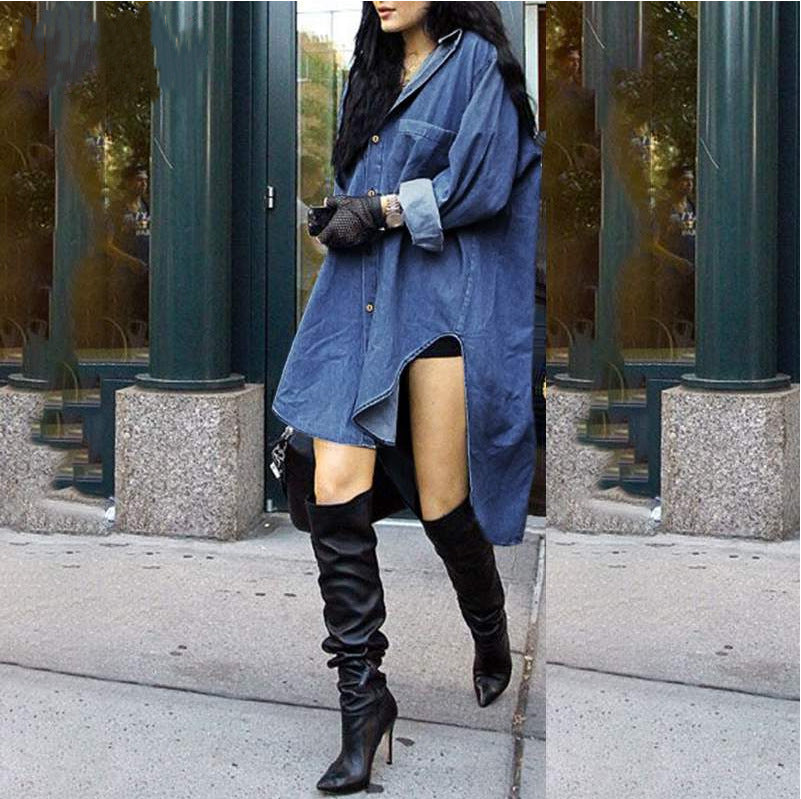 Women Long Sleeve irregular sides Denim Shirt 7