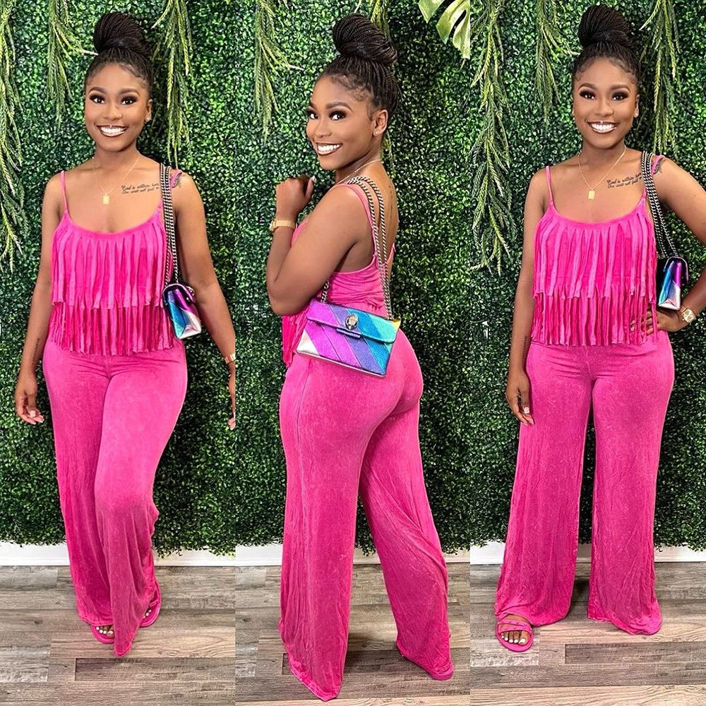 Women Summer Fashionable Strap Solid Color Tassel Slim Jumpsuit