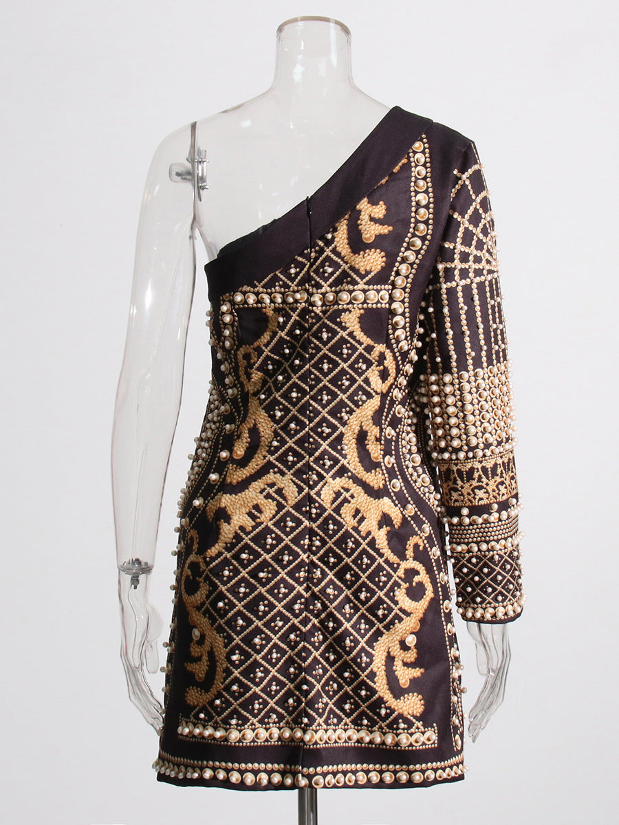 Women French Retro Beaded Single Sleeve Slash Shoulder Long Sleeve Dress 5