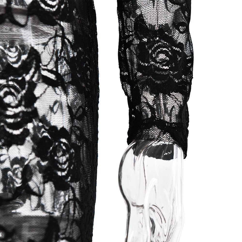 Women sexy lace See-Through long-sleeved dress 17