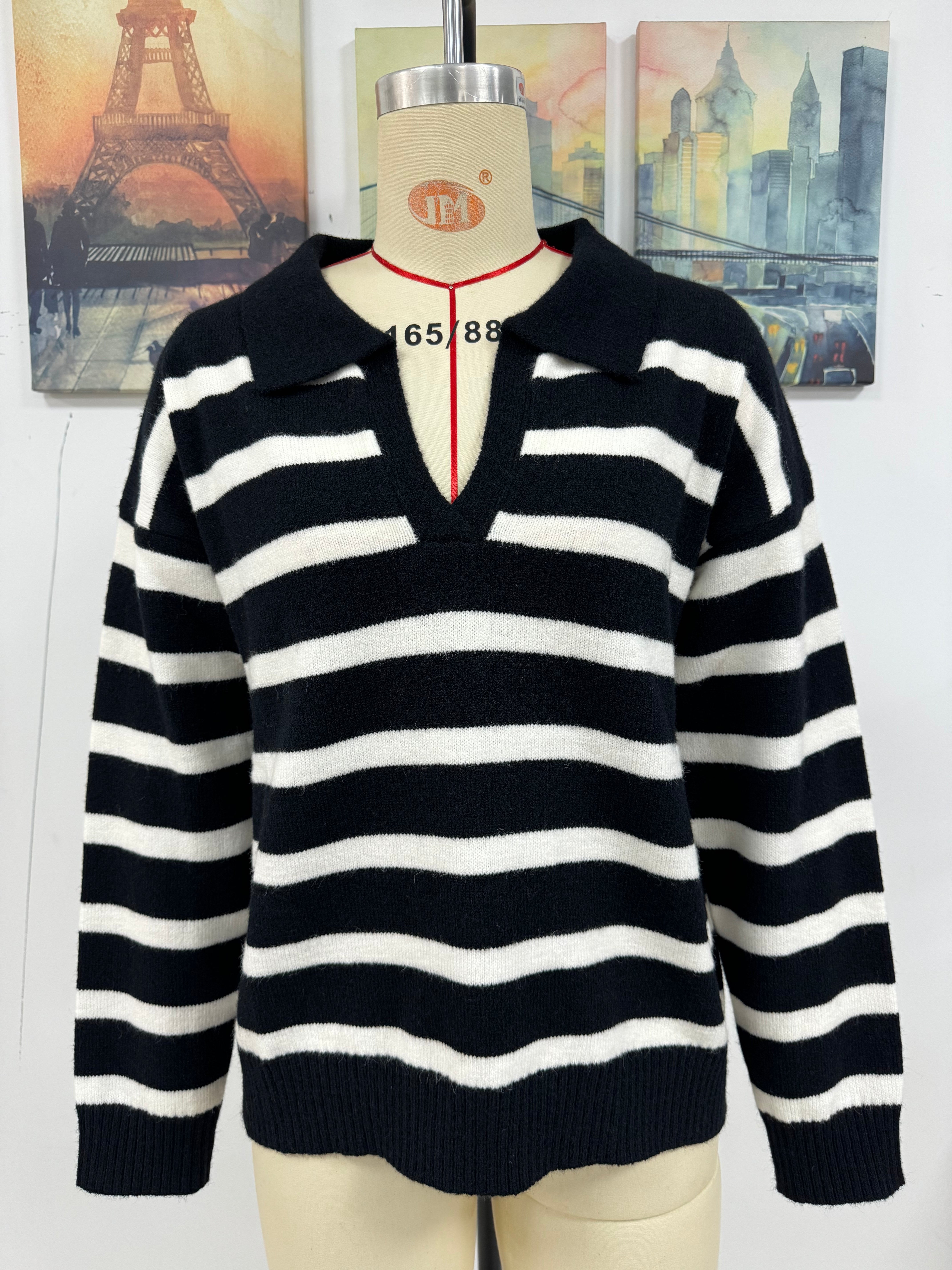 Autumn And Winter Women's Fashion Stripe Turndown Collar Loose Knitting Sweater 20
