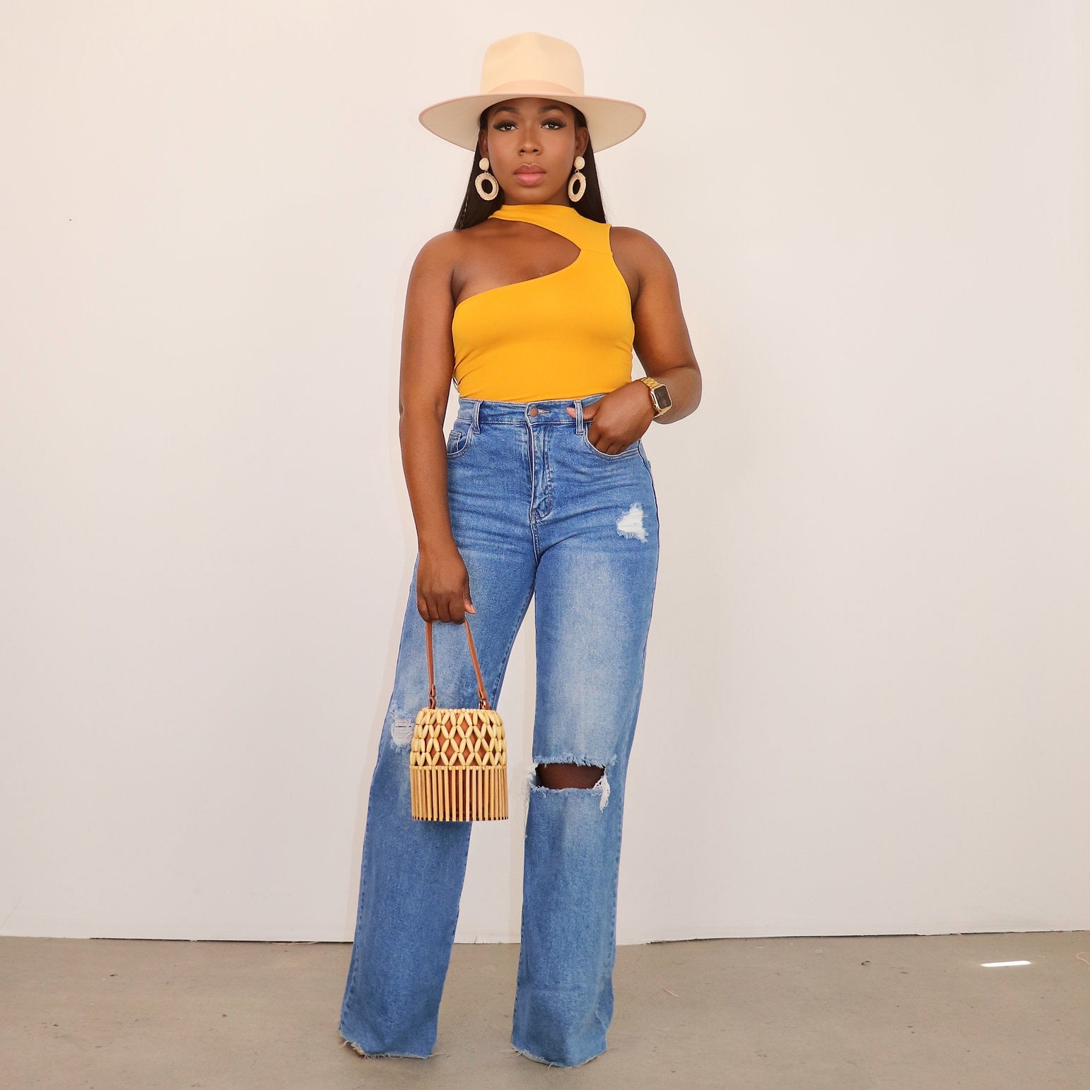 Women Ripped Denim Washed Wide Leg Straight Pants 7