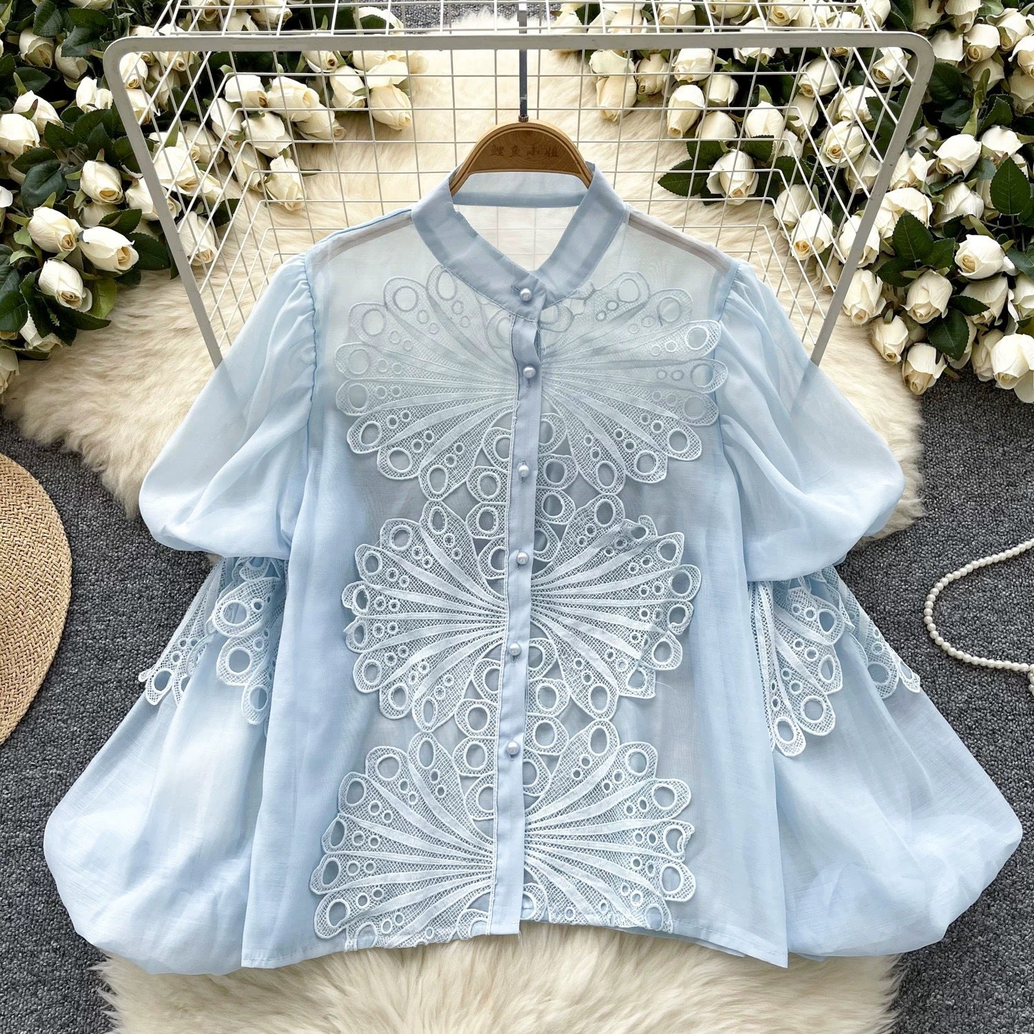 Women Stand Collar Lantern Sleeve Embroidered Openwork Lace Crop Top 11