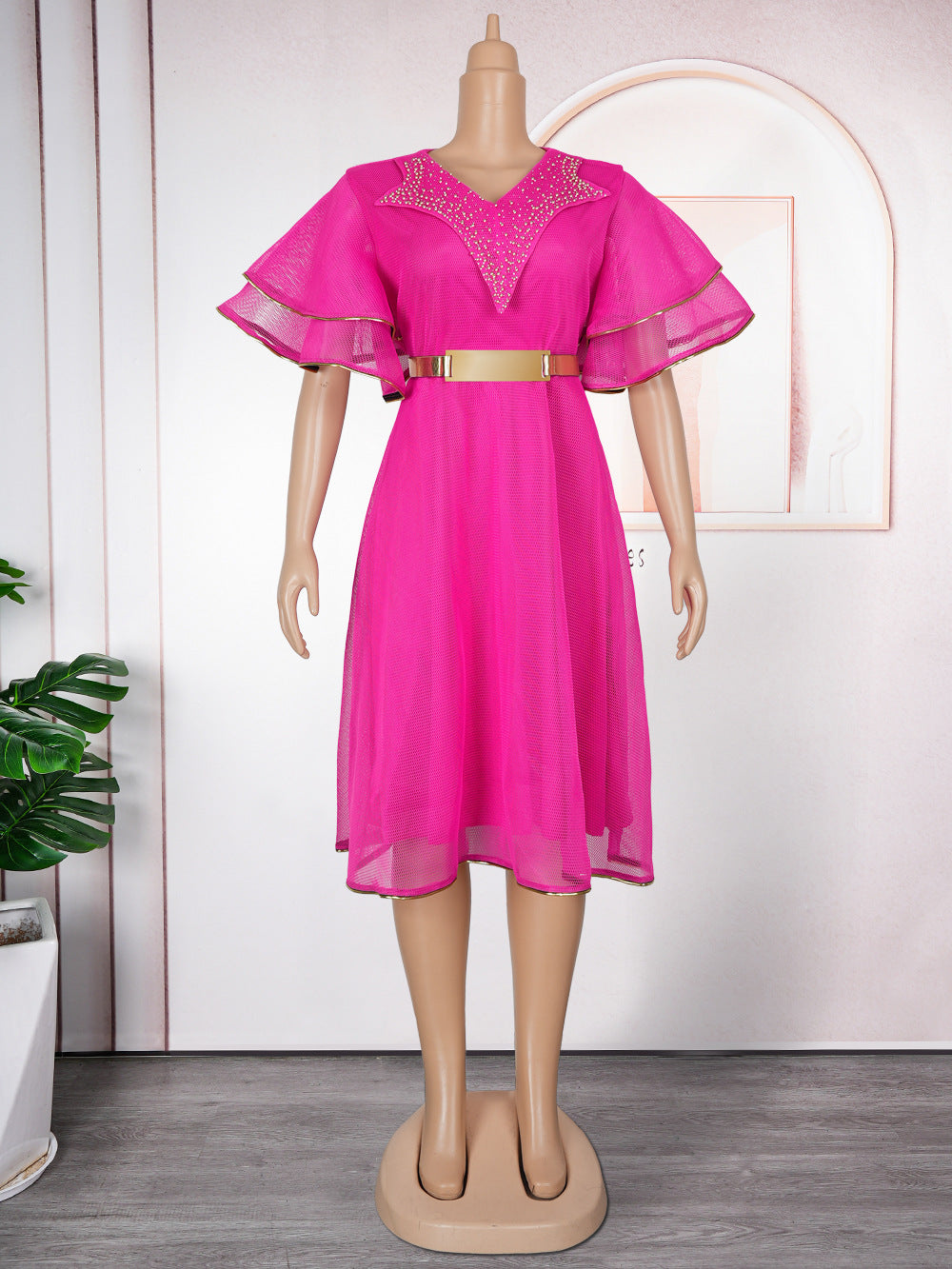 Plus Size African Women V-neck Bodycon Beaded Dress With Belt 12