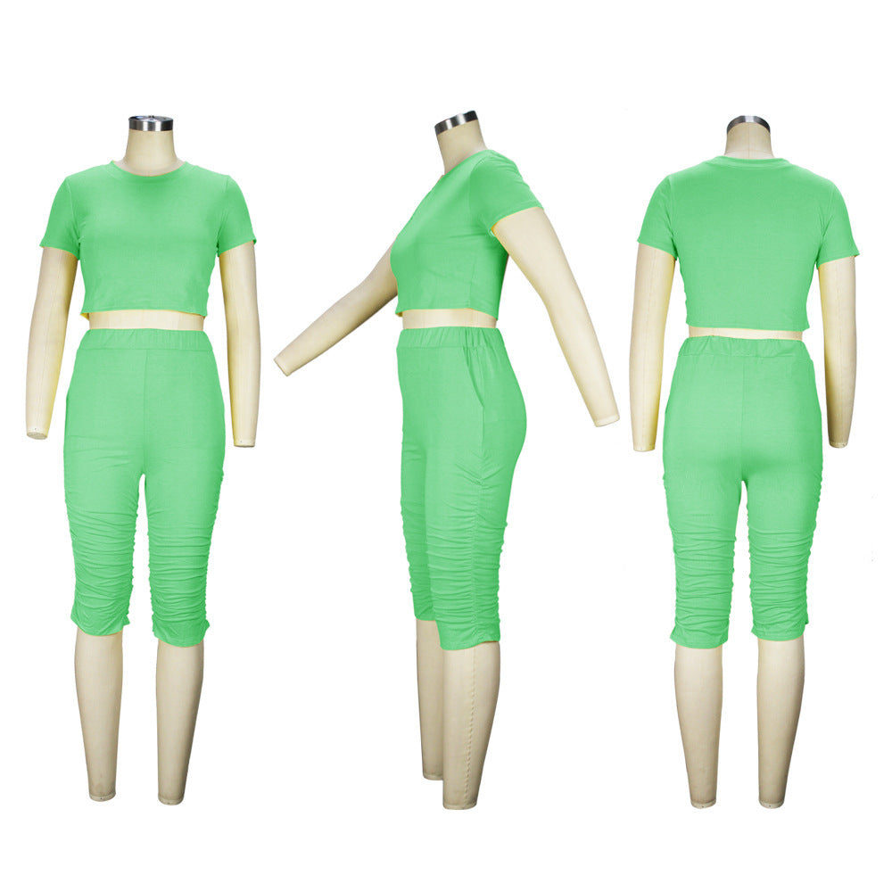 Summer Women's Solid Color Tight Fitting Cropped Short Sleeve T-Shirt Women's Pleated Two Piece Set 25