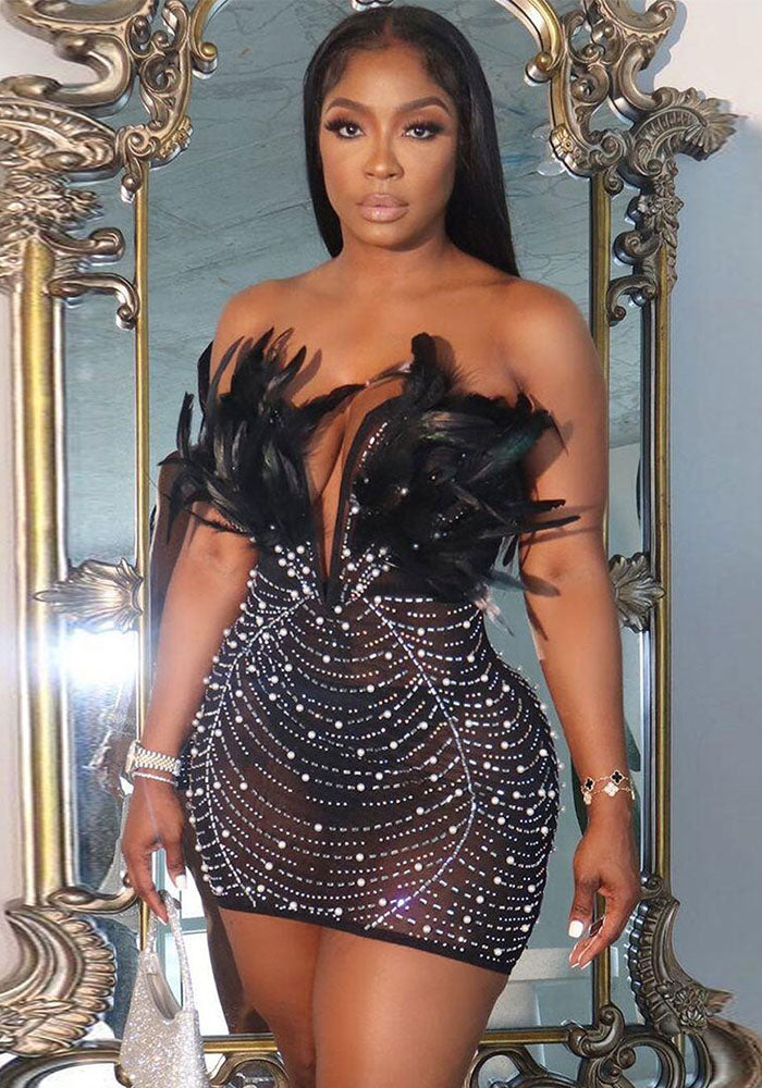 Sexy Feather Beaded Pearl Tight Fitting Bodycon Dress 11