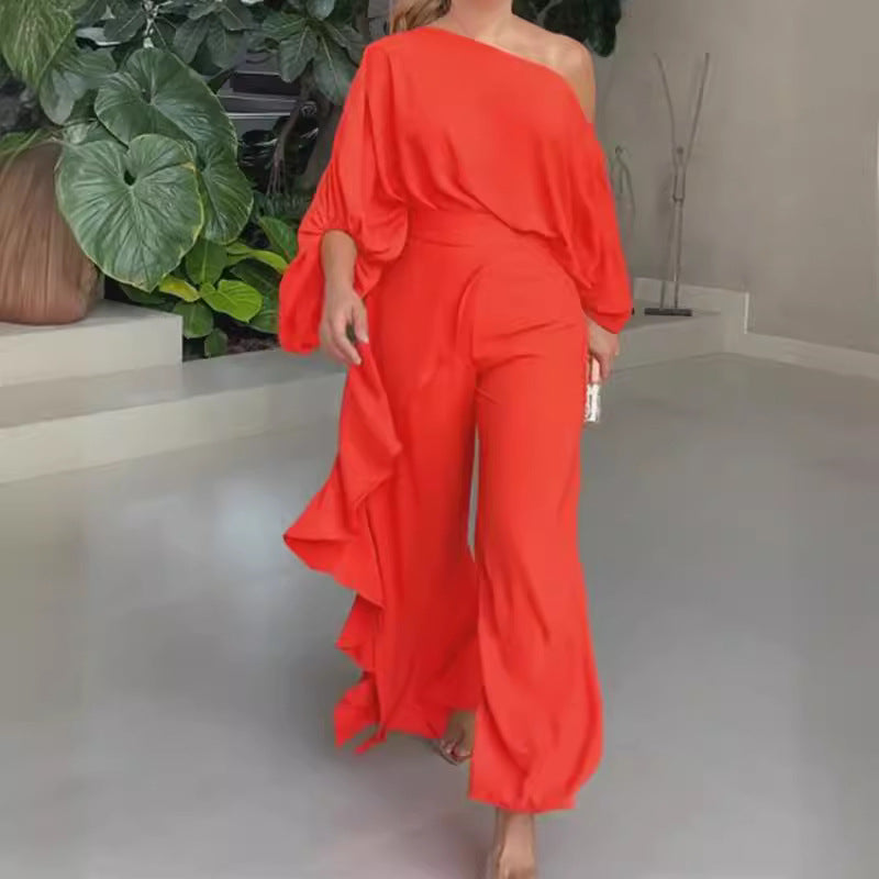 Women Chic Solid Bohemian Loose Slash Shoulder Top and Pant Two-piece Set 5