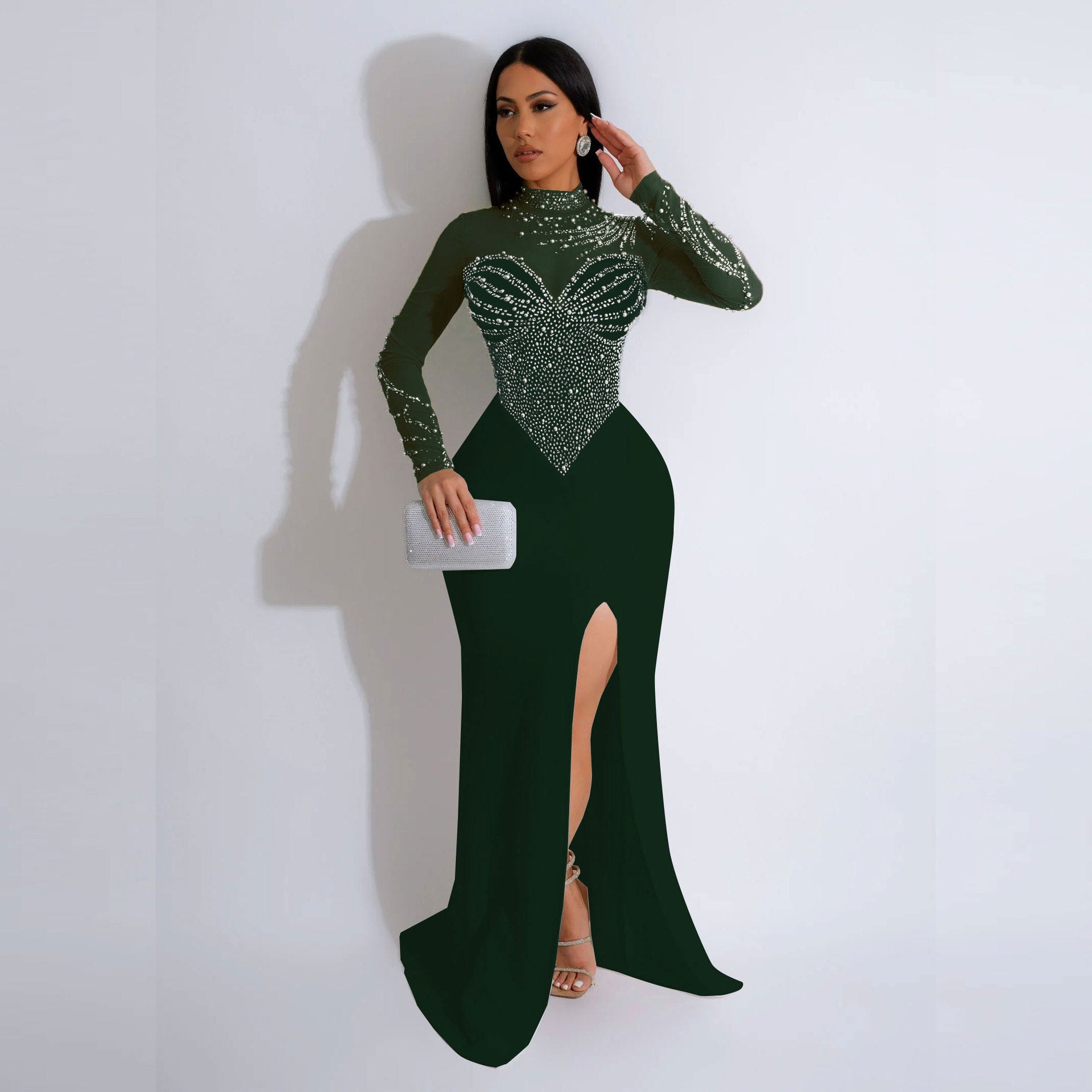 Women Beaded See-Through Bodycon Stretch Slit Dress 6