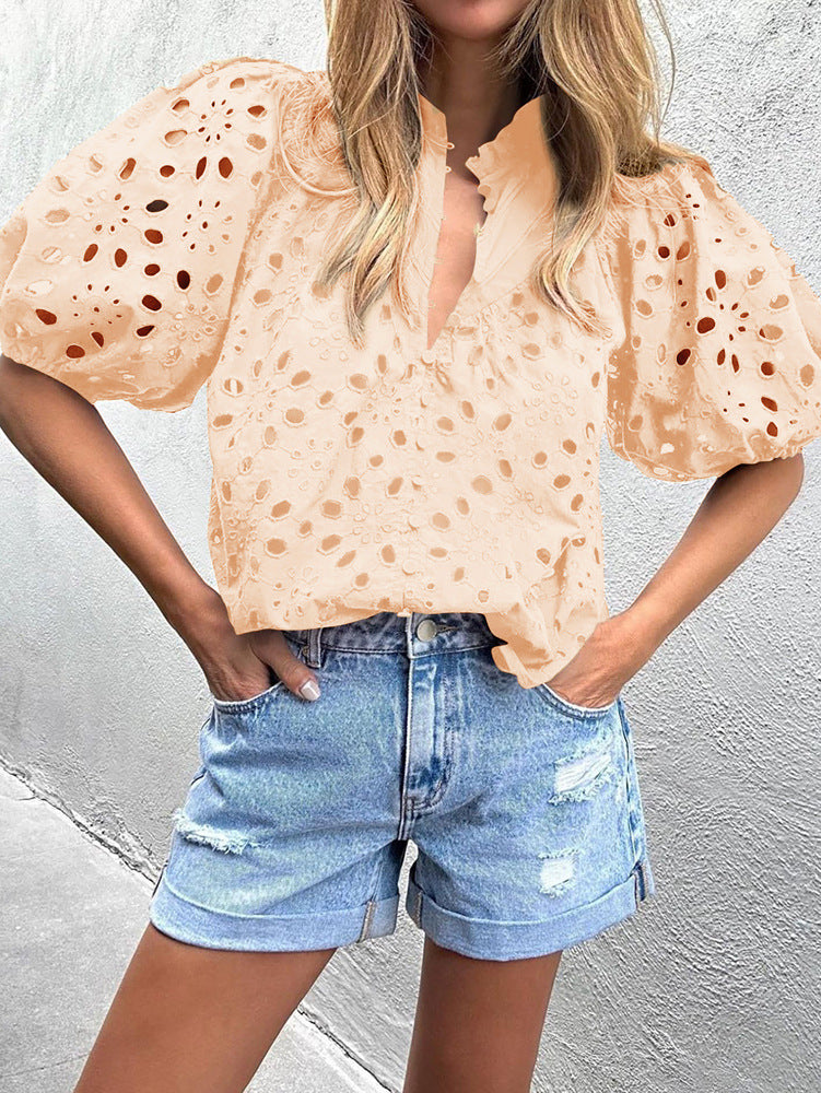 Women Chic puff sleeve embroidered shirt 6