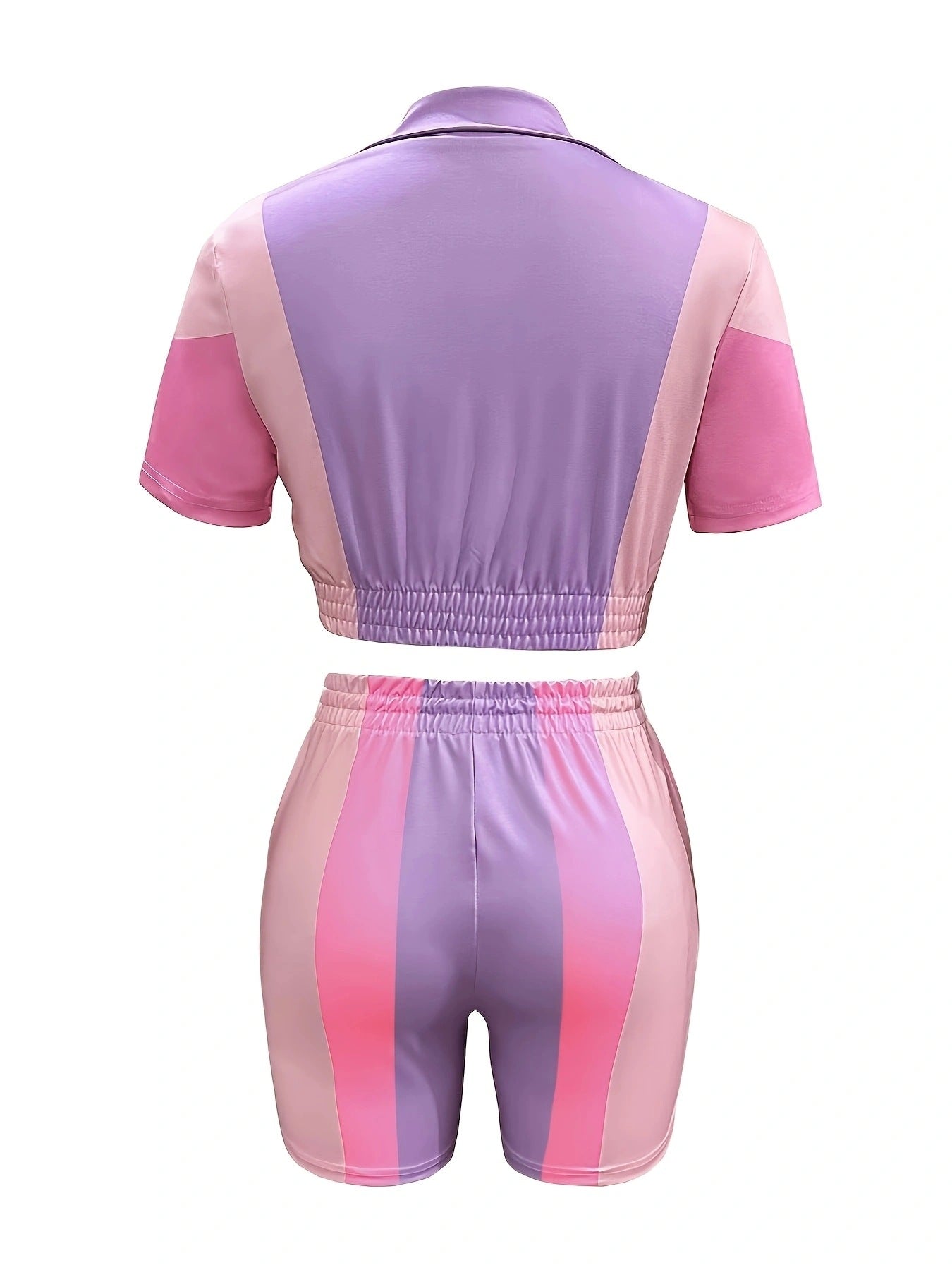 Spring and Summer Women's Zipper Elastic Short Sleeve Casual Drawstring Pocket Two-Piece Shorts Set 12