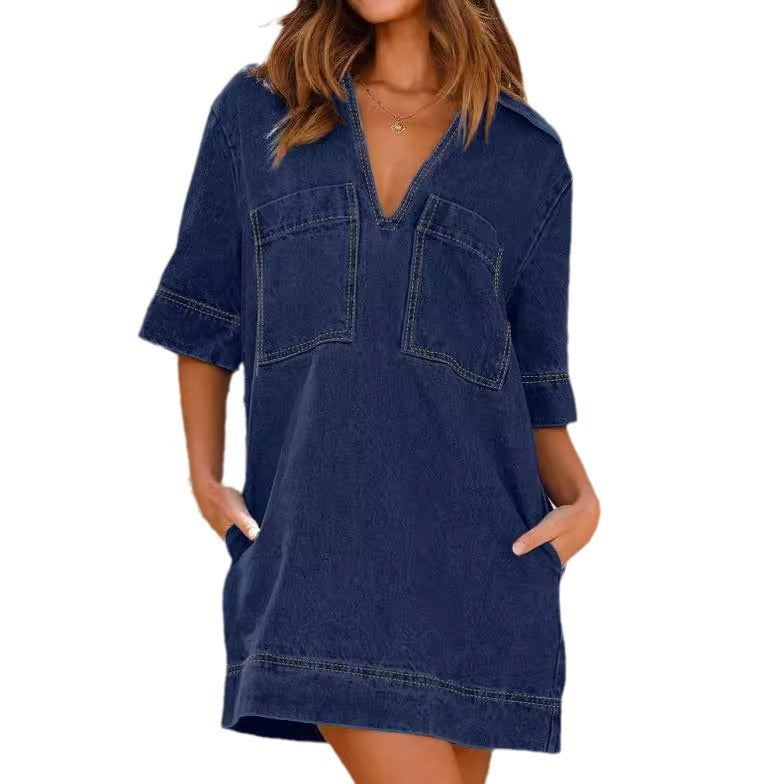 WomenŸ??s Turn-Down Collar Short-Sleeve Loose Denim Dress 7