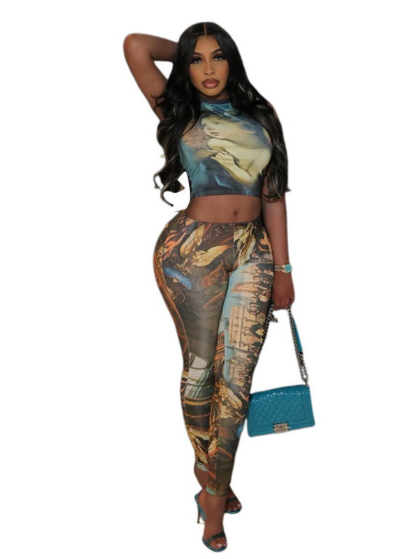 Women Sexy Sleeveless Crop Print Top and Long Pants Two-piece Set 6