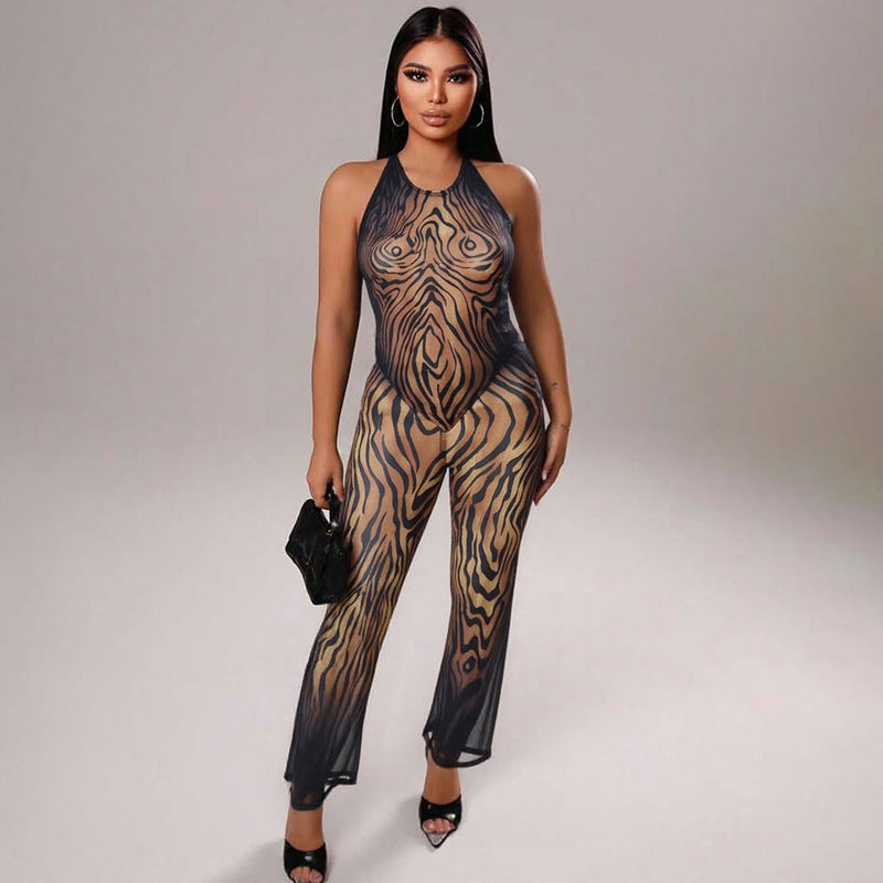 Women's Summer Autumn Mesh Printed Halter Neck Lace-Up Top and Pants Set
