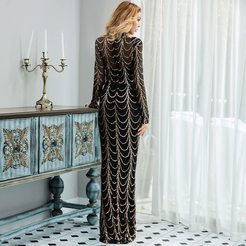 Long Sleeve Sexy See-Through Striped Sequin Long Evening Dress 5