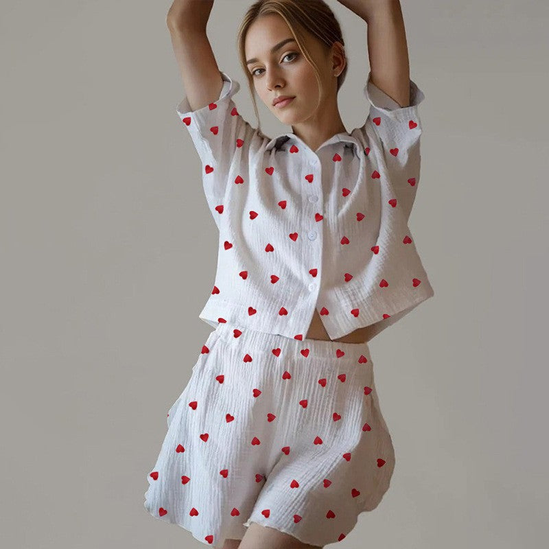 Spring Pajamas Women Double Crepe Cotton Heart Print Turndown Collar Half-Sleeve Shirt Slit Shorts Home Clothes 5