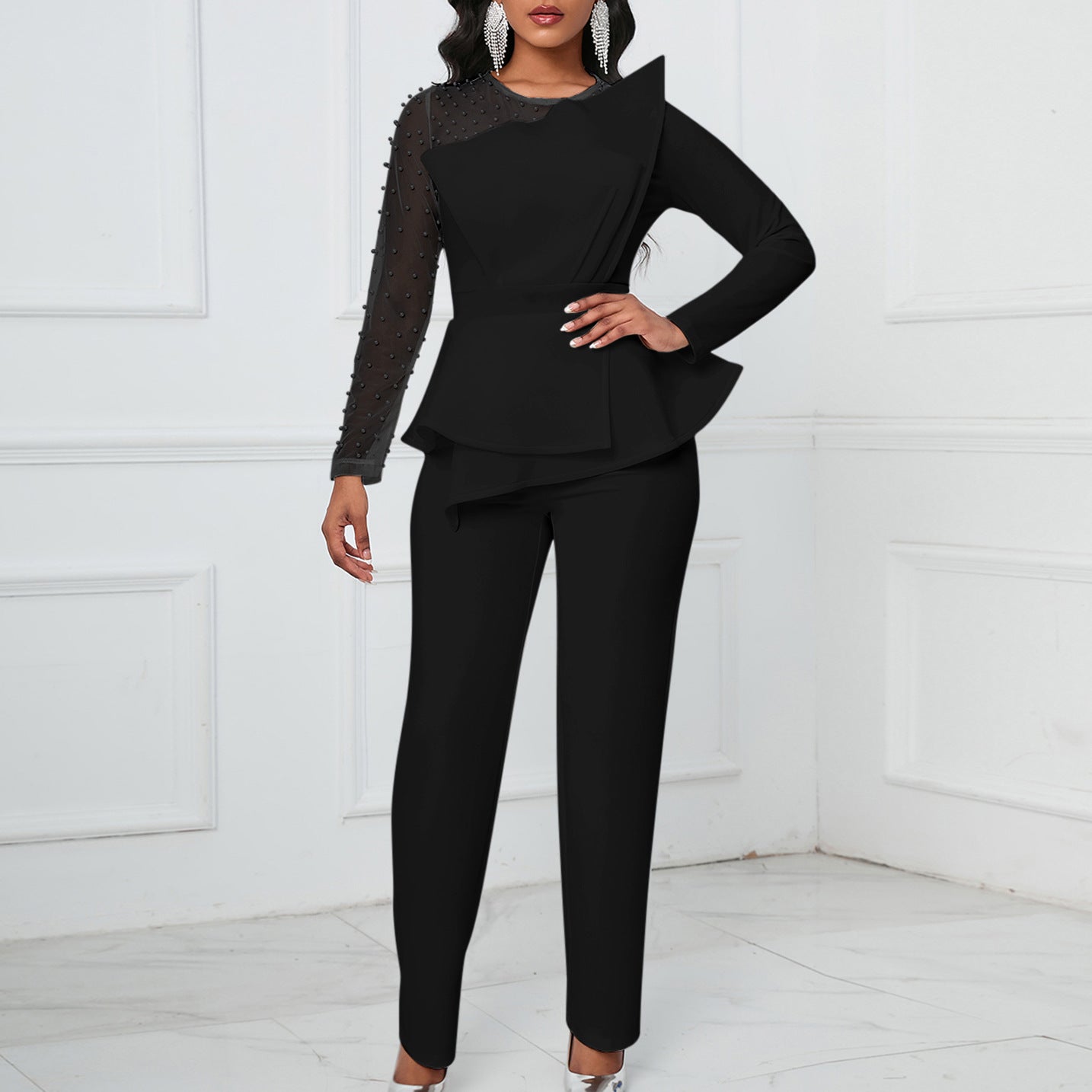 Long Sleeve Chic Mesh Patchwork Beading Slim Fit Formal Party Plus Size Jumpsuit 10