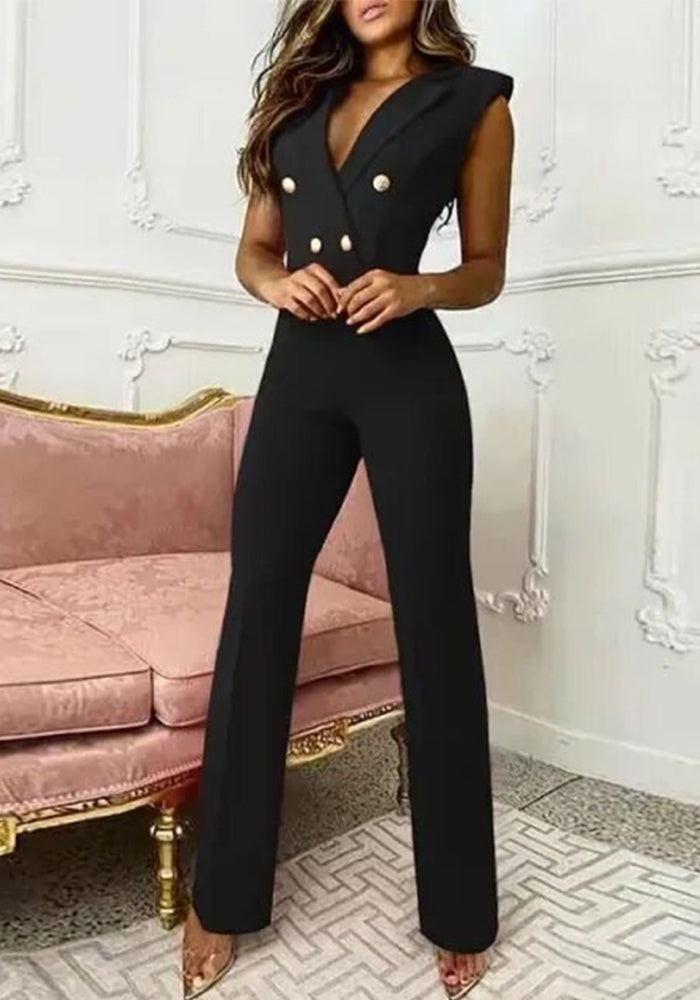 Summer Chic Solid Color Turndown Collar Sleeveless Jumpsuit Slim Fit Stylish Outfit