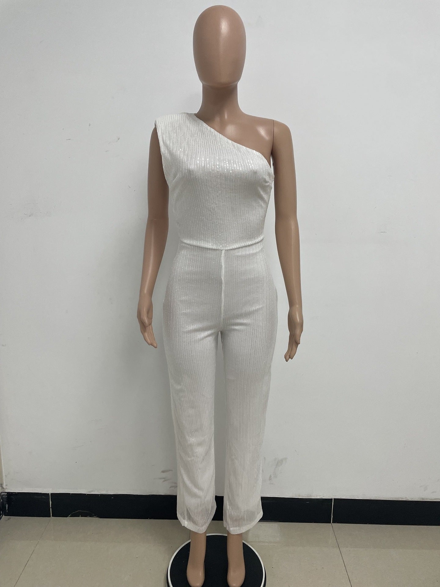 Women's Sleeveless One Shoulder Low Back Sequined Jumpsuit 48