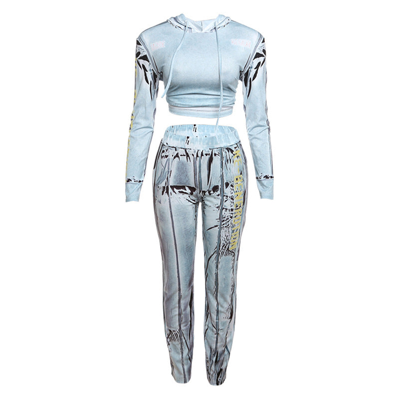 Autumn Women Casual Hooded Top and Printed Sports Pants Two-piece Set 7