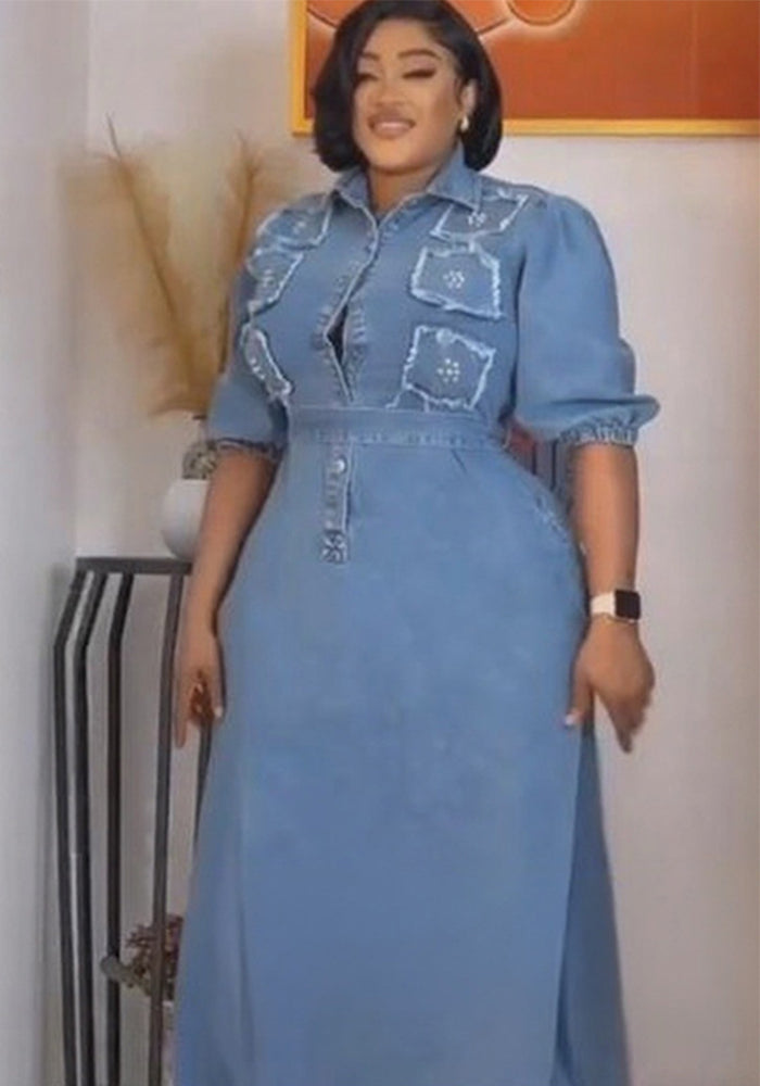 Women Casual Belted Denim Long-Sleeved Dress