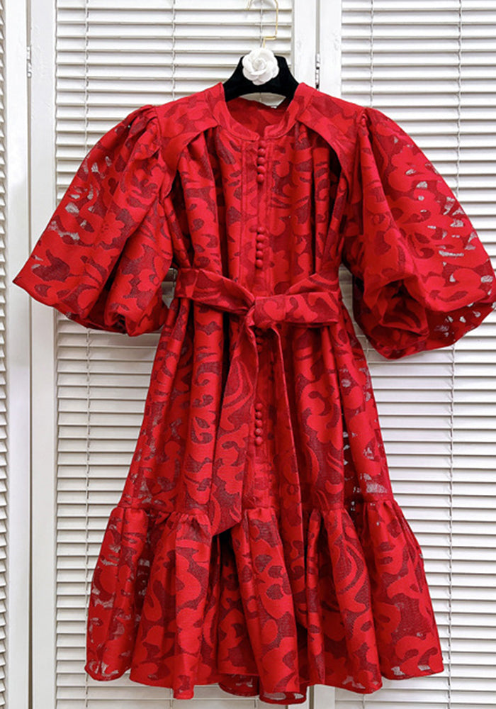 Women Round Neck Vintage Jacquard Puff Sleeve Casual Belt Dress