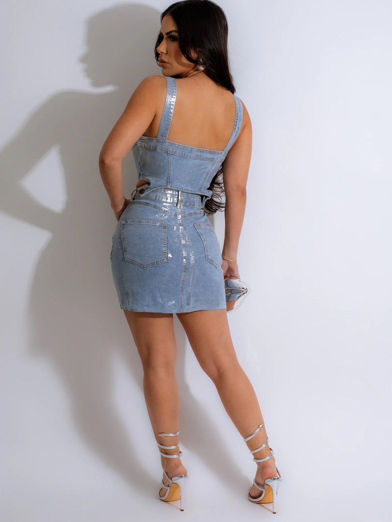 Women sexy silver hot stretchy denim detachable button Top and Skirt 2-piece set