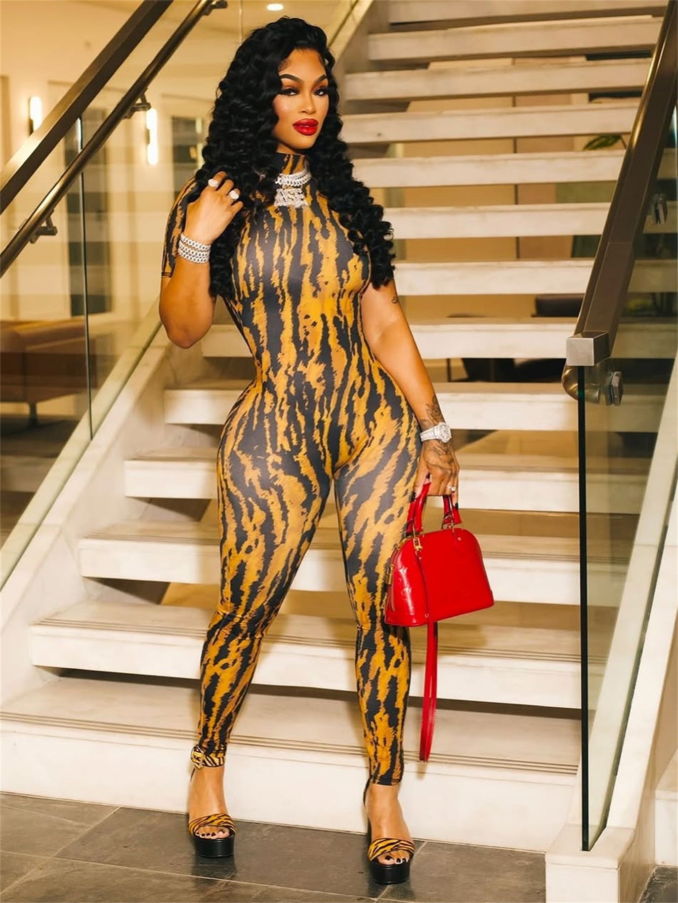 Women's clothing sexy striped print back hollow short sleeve Jumpsuit