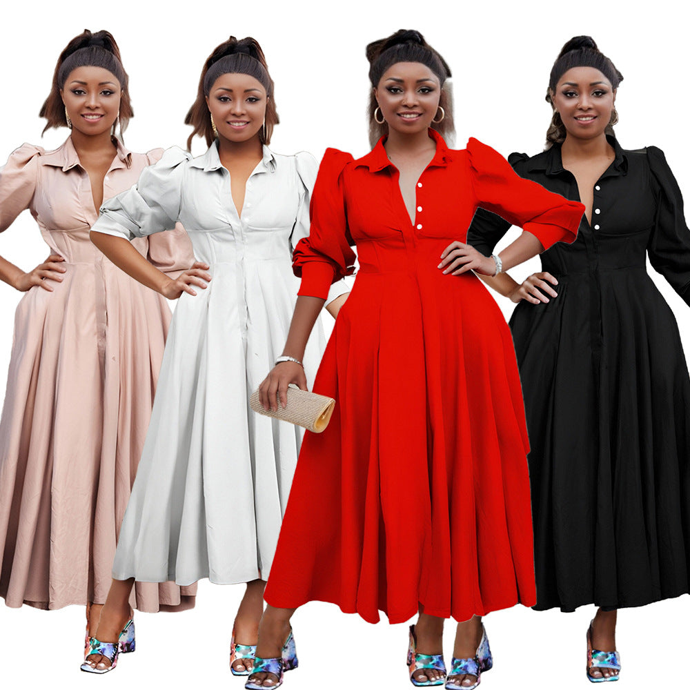 Plus Size Women Elegant Long Sleeve Solid Shirt Dress 14